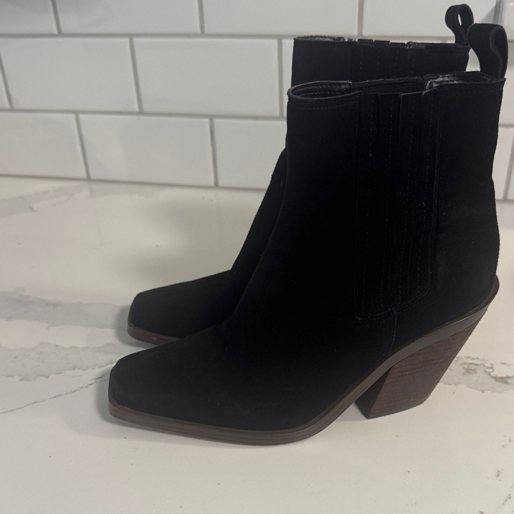 Vince Camuto Black Suede Chelsea Ankle Boots with Stacked Heel